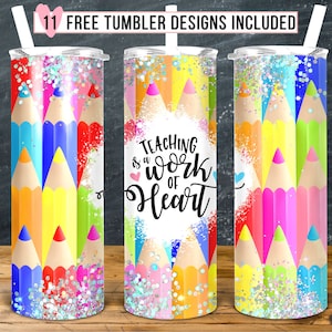 Teacher Tumbler PNG, 20oz Skinny Tumbler Design Sublimation, Glitter Pencils Teacher Tumbler Wrap Template, Teacher Appreciation Tumbler