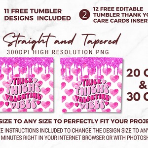 Puede incluir: Dos dise&ntilde;os para vasos de 20 oz y 30 oz con un fondo de purpurina rosa y purpurina rosa que gotea. El dise&ntilde;o presenta un fondo blanco con corazones rosas y el texto "Thick Thighs Valentine Vibes".