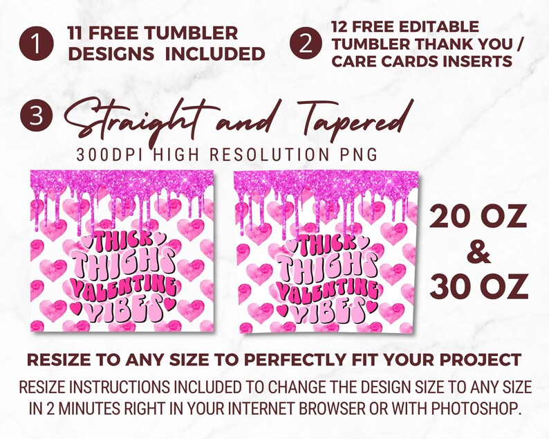 Puede incluir: Dos dise&ntilde;os para vasos de 20 oz y 30 oz con un fondo de purpurina rosa y purpurina rosa que gotea. El dise&ntilde;o presenta un fondo blanco con corazones rosas y el texto "Thick Thighs Valentine Vibes".