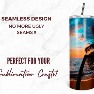 Puede incluir: Tumbler de sublimaci&oacute;n de dise&ntilde;o sin costuras con un gr&aacute;fico de puesta de sol y palmera. El texto "Seamless Design No More Ugly Seams!! Perfect For Your Sublimation Crafts!" est&aacute; impreso en el fondo blanco.