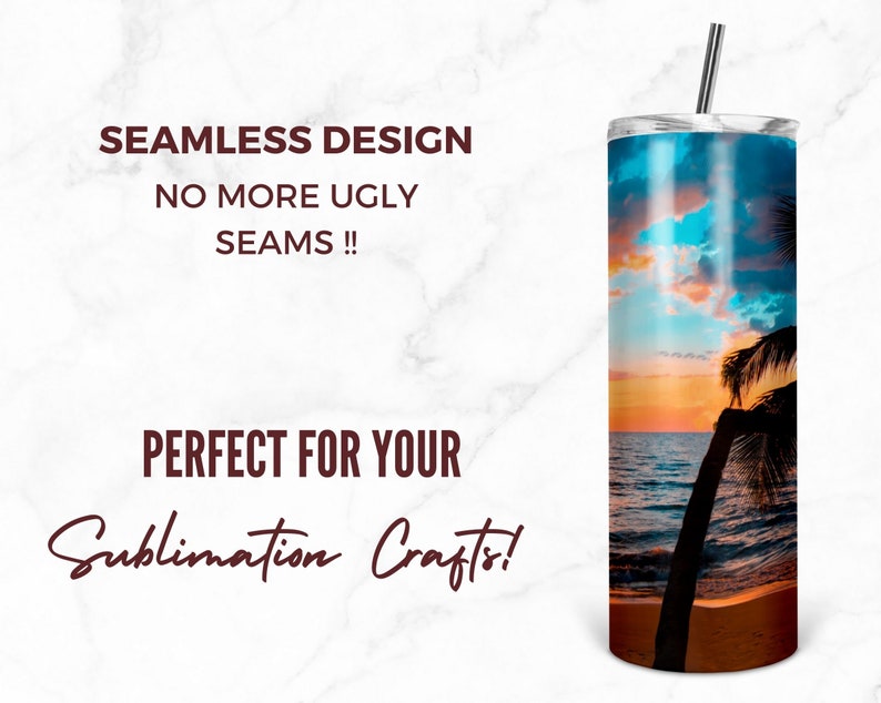 Puede incluir: Tumbler de sublimaci&oacute;n de dise&ntilde;o sin costuras con un gr&aacute;fico de puesta de sol y palmera. El texto "Seamless Design No More Ugly Seams!! Perfect For Your Sublimation Crafts!" est&aacute; impreso en el fondo blanco.