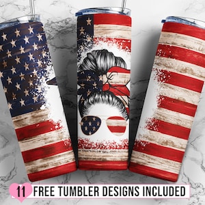 20oz Skinny Tumbler Sublimation Designs Patriotic American Flag Mom Bun Hair Tumbler for Straight/Tapered 20 oz & 30 oz Tumbler Design PNG