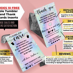 May include: A set of printable cards for businesses selling tumblers. The cards include instructions for caring for the tumblers, a thank you message, and tips for increasing sales and customer satisfaction. The cards have a holographic background with a pink, blue, and purple color scheme.