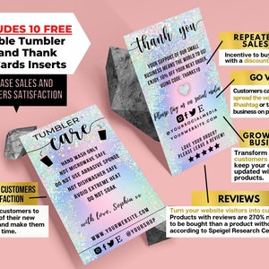May include: A set of printable cards for businesses selling tumblers. The cards include instructions for caring for the tumblers, a thank you message, and tips for increasing sales and customer satisfaction. The cards have a holographic background with a pink, blue, and purple colour scheme.