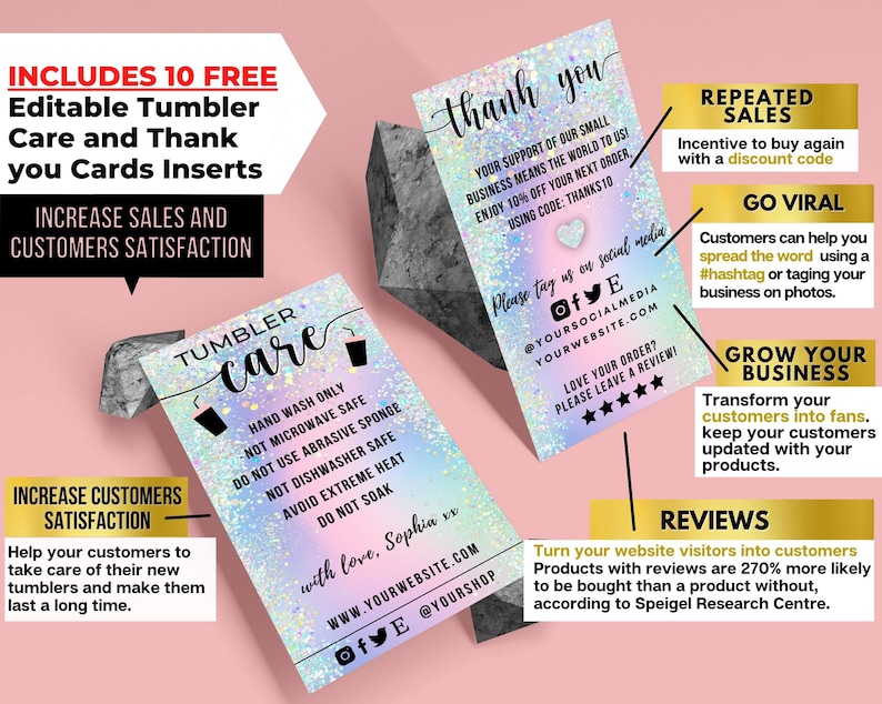 May include: A set of printable cards for businesses selling tumblers. The cards include instructions for caring for the tumblers, a thank you message, and tips for increasing sales and customer satisfaction. The cards have a holographic background with a pink, blue, and purple colour scheme.