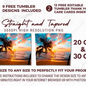 Puede incluir: Dos im&aacute;genes de una puesta de sol sobre el oc&eacute;ano con una palmera en primer plano. Las im&aacute;genes son para usar como dise&ntilde;os de vaso. El texto "Straight and Tapered" est&aacute; incluido en la imagen. El texto "20 oz & 30 oz" tambi&eacute;n est&aacute; incluido en la imagen.