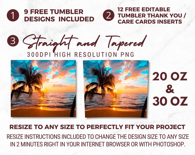 Puede incluir: Dos im&aacute;genes de una puesta de sol sobre el oc&eacute;ano con una palmera en primer plano. Las im&aacute;genes son para usar como dise&ntilde;os de vaso. El texto "Straight and Tapered" est&aacute; incluido en la imagen. El texto "20 oz & 30 oz" tambi&eacute;n est&aacute; incluido en la imagen.
