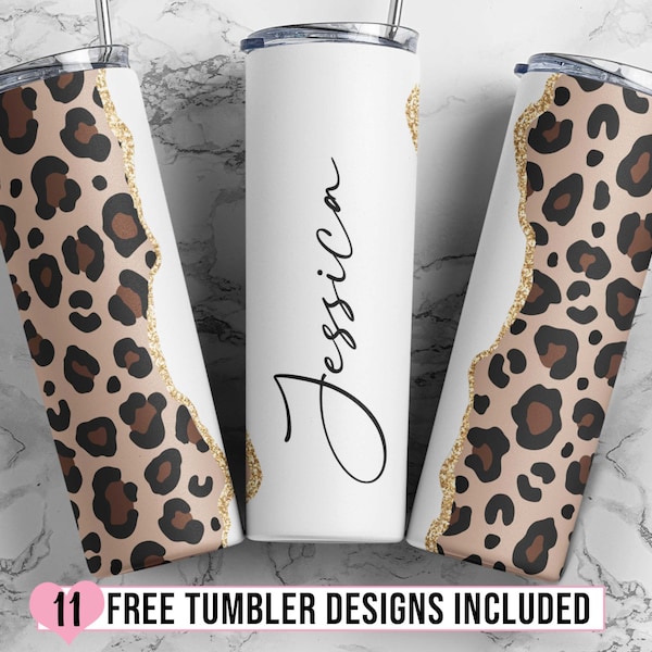 Leopard Add Your Own Text, Cheetah 20 oz Skinny Tumbler Design, Gold Glitter Skinny Tumbler Seamless, Animal Print, Digital Download PNG