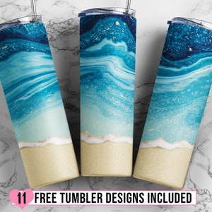 May include: Three stainless steel tumblers with a blue and white abstract ocean wave design. The tumblers have a gold glitter finish and a white wave design at the bottom.  The text "11 FREE TUMBLER DESIGNS INCLUDED" is at the bottom of the image.