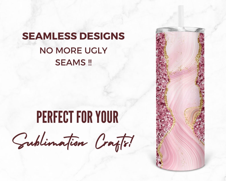 May include: A pink and gold glitter tumbler with a seamless design. The tumbler has a white background with pink and gold swirls. The text "Seamless Designs No More Ugly Seams!! Perfect For Your Sublimation Crafts!" is written on the white background.