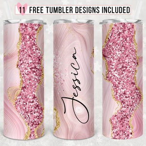 Add Your Own Text / Name Pink Agate Marble Gold Glitter 20oz Skinny Tumbler Sublimation Design, Pink Tumbler Template Design - Seamless PNG