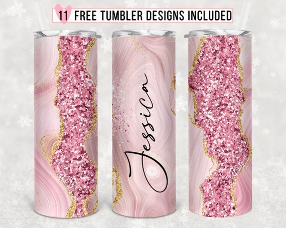 Add Your Own Text / Name Pink Agate Marble Gold Glitter 20oz Skinny Tumbler Sublimation Design, Pink Tumbler Template Design - Seamless PNG