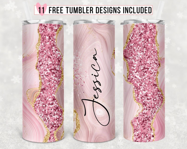 May include: Pink and gold glitter tumbler with a marble design. The tumbler has the name "Jessica" written on it.