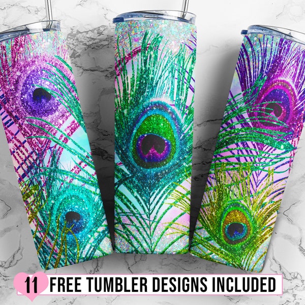 20 oz Skinny Tumbler Sublimation Design Template Glitter Feather Peacock Tumbler for Straight/Tapered 20oz & 30oz Tumbler Design - PNG