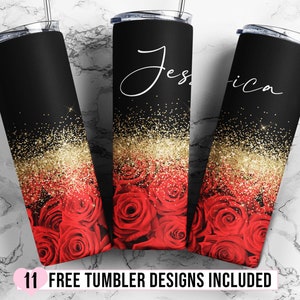 Schwarze rote Rosen Blumen Tumbler Wrap, Muttertag 20 oz Skinny Tumbler Design, Valentinstag Tumbler PNG, personalisiertes Sublimation Wrap Design