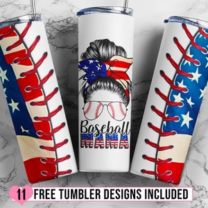 20oz Skinny Tumbler Sublimation Designs American Baseball Mom Life Bun Hair for 20 oz & 30 oz Straight/Tapered Tumbler Design - PNG