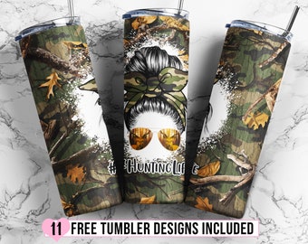 May include: Three stainless steel tumblers with a camouflage pattern and a graphic of a woman with a bun and sunglasses. The text "#Hunting Life" is on the tumbler in the center.