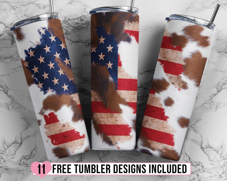 May include: Three stainless steel tumblers with a cowhide pattern and an American flag design. The tumblers are white with red, white, and blue stripes and brown cowhide patches.