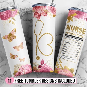 Floral Nurse 20oz Skinny Tumbler Sublimation Designs, Nurse Tumbler Wrap Template, Gold Glitter Nurse Appreciation - PNG Digital Download