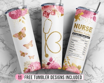 Floral Nurse 20oz Skinny Tumbler Sublimation Designs, Nurse Tumbler Wrap Template, Gold Glitter Nurse Appreciation - PNG Digital Download