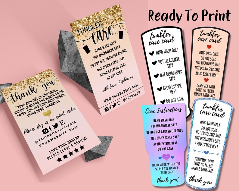 May include: A set of printable tumbler care cards with different designs. The cards feature a pink, gold, blue, and purple background with black text. The text on the cards includes instructions for caring for tumblers, such as hand washing only, not microwaving, and avoiding extreme heat. The cards also include the phrase "Handmade with love, so please handle with care."