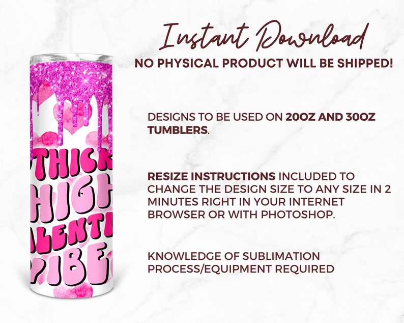 Puede incluir: Un dise&ntilde;o digital para un vaso rosa y blanco con el texto "Thick High Valentine Vibe". El dise&ntilde;o presenta purpurina rosa y corazones.