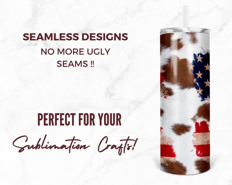 May include: A white tumbler with a brown cowhide pattern and an American flag design. The tumbler has a straw and is perfect for sublimation crafts.