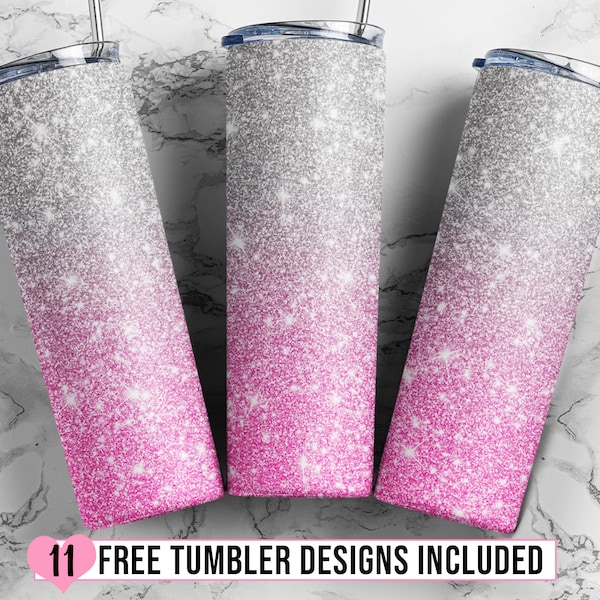20 oz Skinny Tumbler Silver Pink Glitter Tumbler Sublimation Design - Full Tumbler Wrap - PNG Digital Download