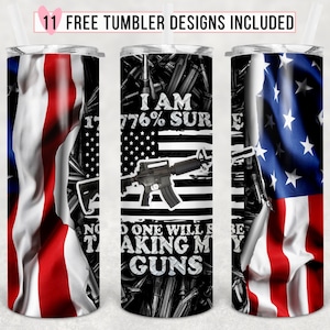 以下が含まれることがあります： 異なるデザインのステンレス製のタンブラー3つ。最初のタンブラーはアメリカ国旗のデザイン。2つ目のタンブラーは、黒と白のデザインで、「私は1776％確信している、誰も私の銃を奪うことはできない」というテキスト。3つ目のタンブラーはアメリカ国旗のデザイン。