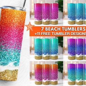 Pode incluir: Sete designs de copos de praia com acabamento brilhante. Cada copo apresenta um degradê de cores, um design de onda e um fundo de glitter dourado. O texto "7 Beach Tumblers +11 Free Tumbler Designs" é exibido na parte superior da imagem.