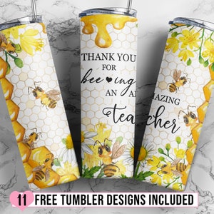 Teacher Appreciation 20 oz Skinny Tumbler, Honey Bee Teacher Tumbler Sublimation Design Straight & Tapered PNG - Instant Download