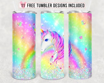 Unicorn Raingow Glitter 20oz Skinny Tumbler Sublimation Design Template, Unicorn Tumbler Wrap, Kids Tumbler PNG Instant Download