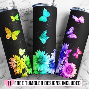 Butterflies Sunflowers Tumbler Designs, Colorful Butterflies 20oz Skinny Tumbler Wrap, Seamless Tumbler Template - PNG Digital Download