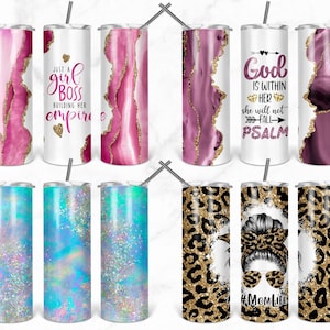 May include: Set of nine 20 ounce stainless steel tumblers with various designs. Designs include pink and gold agate, blue and gold glitter, leopard print, and a woman with a bun and sunglasses. The tumblers are perfect for everyday use.