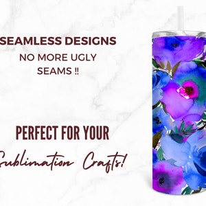 Puede incluir: Dise&ntilde;o de sublimaci&oacute;n sin costuras con un patr&oacute;n floral de acuarela en tonos azules, morados y rosas. El dise&ntilde;o es perfecto para crear vasos, tazas y otras manualidades personalizadas.