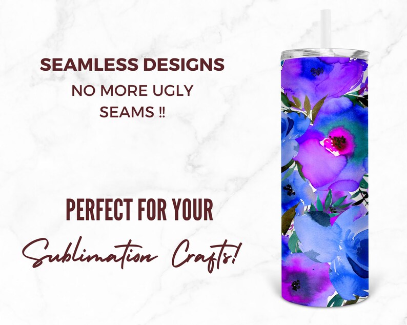Puede incluir: Dise&ntilde;o de sublimaci&oacute;n sin costuras con un patr&oacute;n floral de acuarela en tonos azules, morados y rosas. El dise&ntilde;o es perfecto para crear vasos, tazas y otras manualidades personalizadas.