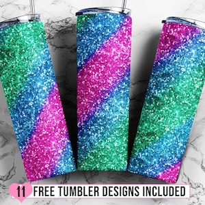Rainbow Glitter Sublimation 20oz Skinny Tumbler Design - Seamless Tumbler PNG Straight & Tapered Sublimation Wrap Design