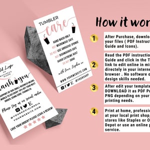 May include: A white card with pink accents and black text. The card says "Add Logo or Business Name" and "Thank You". The card also includes instructions for using a template to create a custom design. The card is on a pink background.
