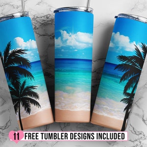 Ocean Palm Trees 20oz Skinny Tapered & Straight Seamless Tumbler Sublimation, Waterslide Design Full Tumbler Wrap PNG Digitals Download