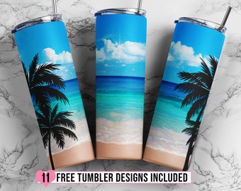 Ocean Palm Trees 20oz Skinny Tapered & Straight Seamless Tumbler Sublimation, Waterslide Design Full Tumbler Wrap PNG Digitals Download