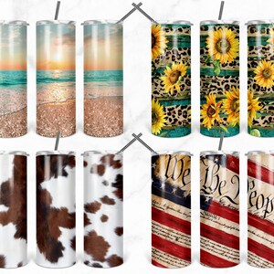 May include: Set of nine stainless steel tumblers with various designs. The designs include a beach sunset, sunflowers with leopard print, cowhide, and an American flag with the words "We the People".