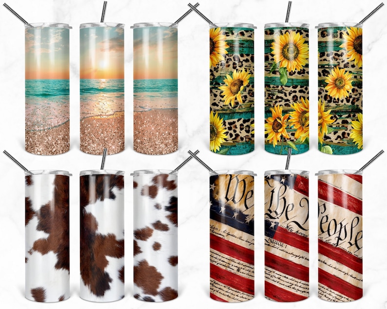 May include: Set of nine stainless steel tumblers with various designs. The designs include a beach sunset, sunflowers with leopard print, cowhide, and an American flag with the words "We the People".