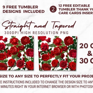 May include: Red rose floral pattern digital paper design for 20 oz and 30 oz tumblers.  Includes 9 free tumbler designs and 12 free editable thank you/care cards inserts.  300 DPI high resolution PNG.
