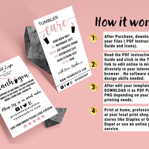 May include: A white card with pink accents and black text. The card says "Add Logo or Business Name" and "Thank You". The card also includes instructions for using a template to create a custom design. The card is on a pink background.