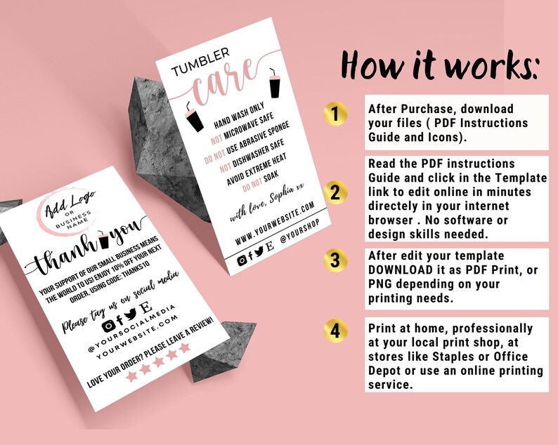 May include: A white card with pink accents and black text. The card says "Add Logo or Business Name" and "Thank You". The card also includes instructions for using a template to create a custom design. The card is on a pink background.