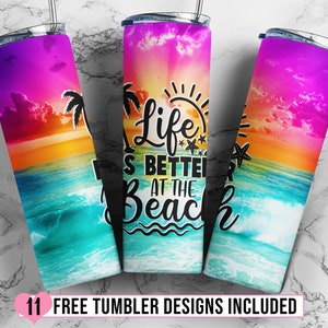 Beach Tumbler Sublimation Design, 20 oz Skinny Tumbler Wrap Sunset, Summer Sublimation Tumbler Design Seamless - PNG Instant Download