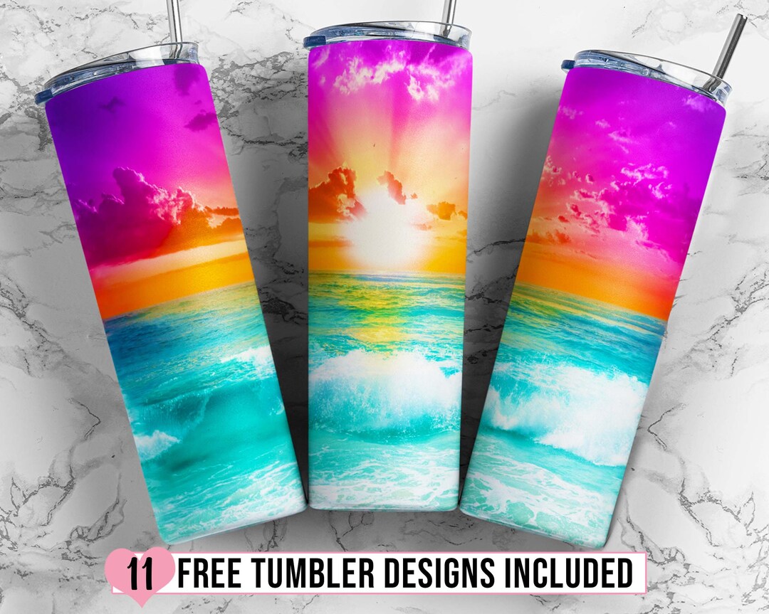 Beach Tumbler PNG, Beach Tumbler Wrap, Beach Sunset PNG, 20 Oz Skinny Tumbler Seamless Design