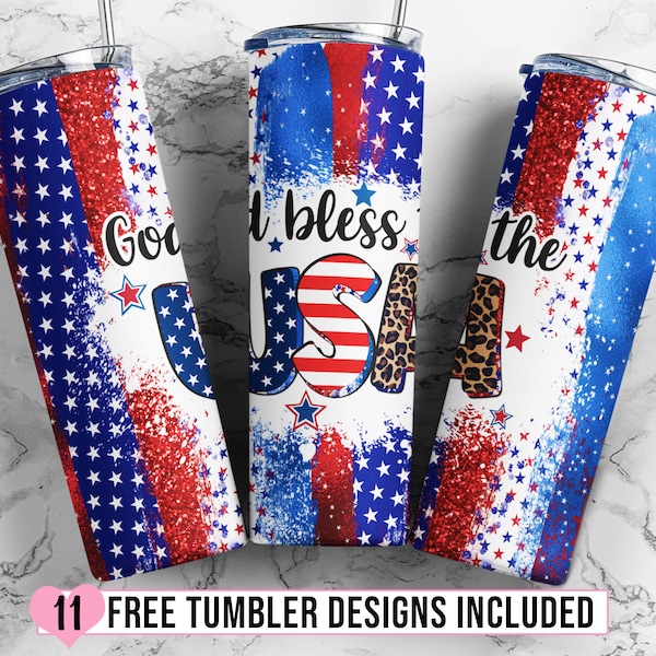 4th of July 20oz Skinny Tumbler Sublimation Designs God Bless The USA Red White Blue Flag Patriotic for 20 oz & 30 oz Tumbler Design - PNG