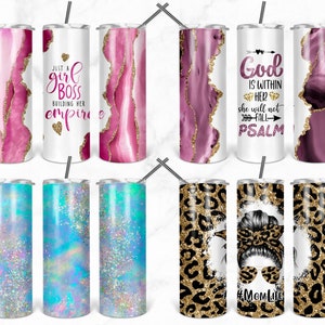May include: Set of nine 20 ounce stainless steel tumblers with various designs. Designs include pink and gold agate, blue and gold glitter, leopard print, and a woman with a bun and sunglasses. The tumblers are perfect for everyday use.
