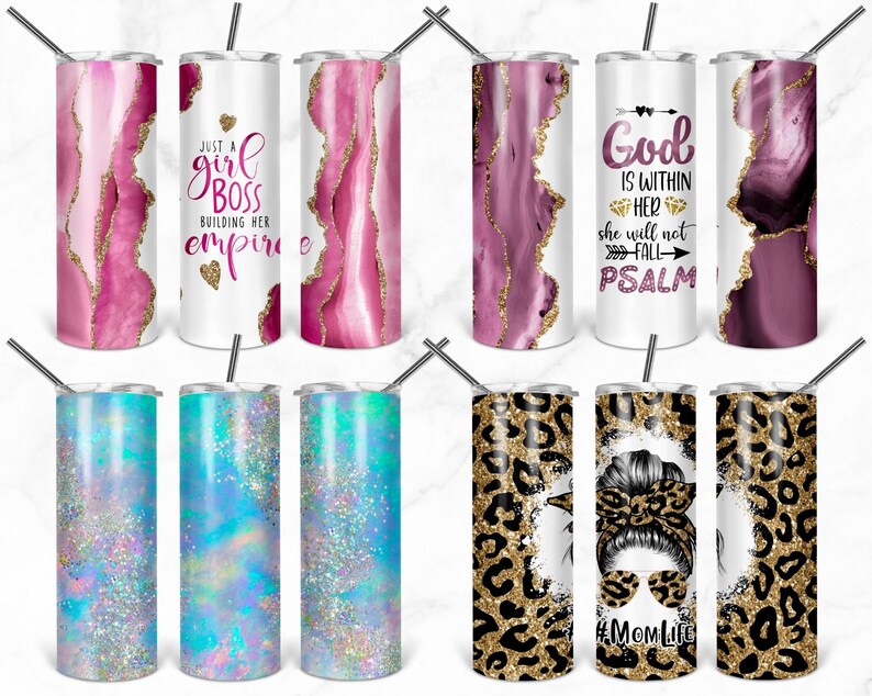 May include: Set of nine 20 ounce stainless steel tumblers with various designs. Designs include pink and gold agate, blue and gold glitter, leopard print, and a woman with a bun and sunglasses. The tumblers are perfect for everyday use.